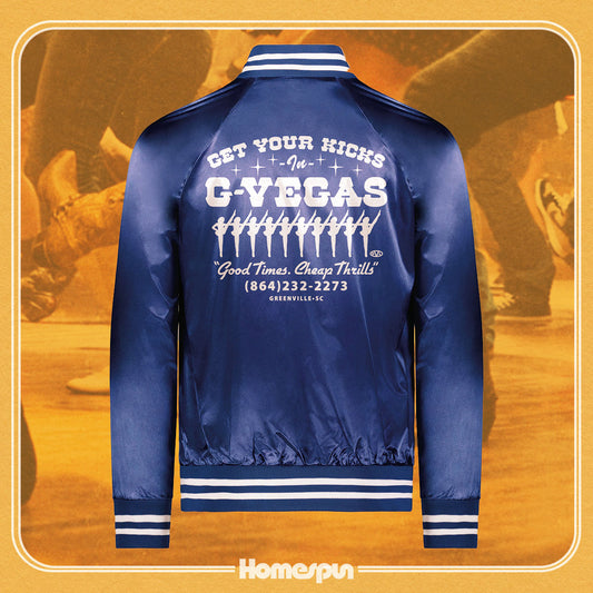 Homespun - Get Your Kicks - Blue Satin Bomber Jacket