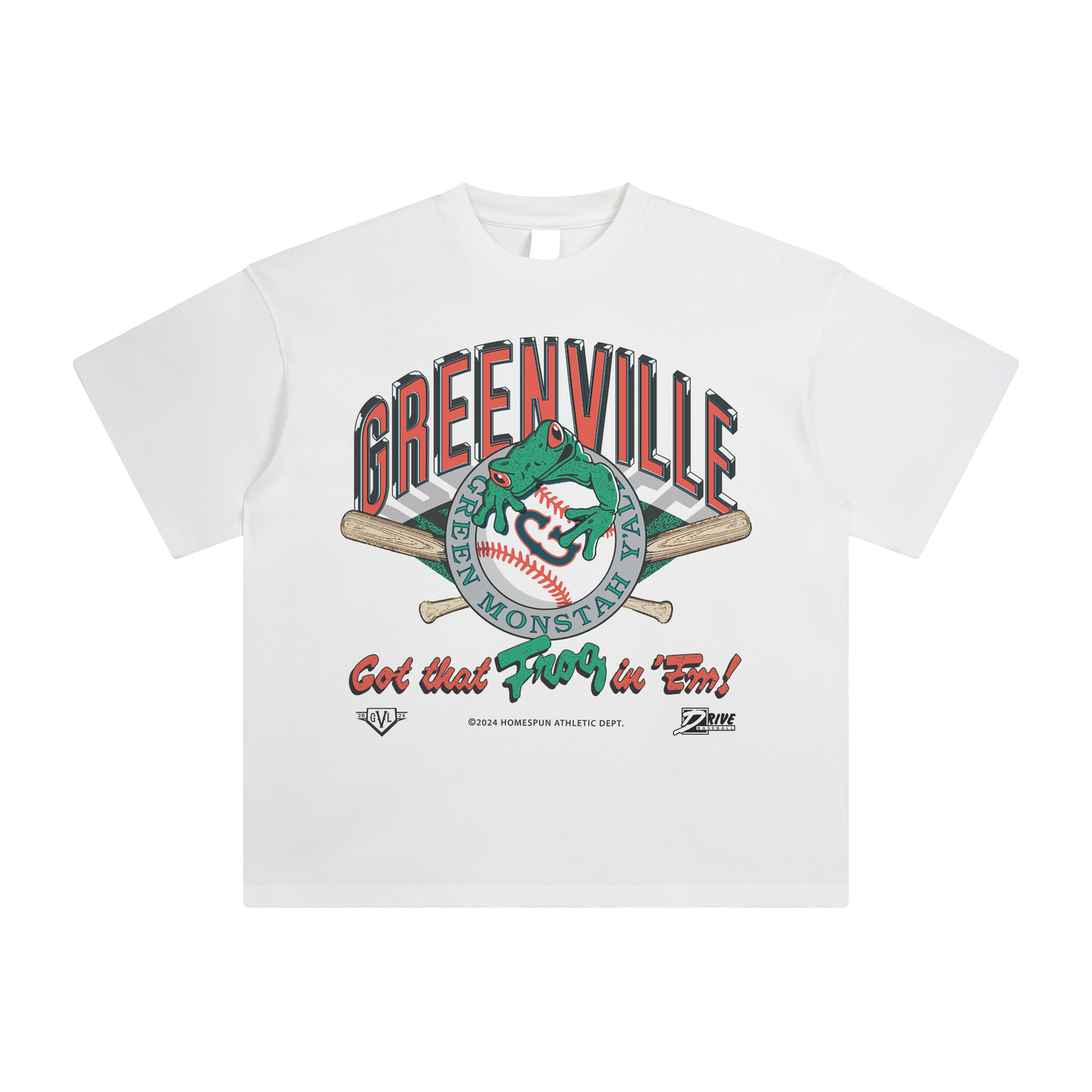 The Greenville Drive's "Got that frog in'em". Vintage inspired baseball t-shirt. Designed by Homespun. The "official" clothing brand of Greenville SC.