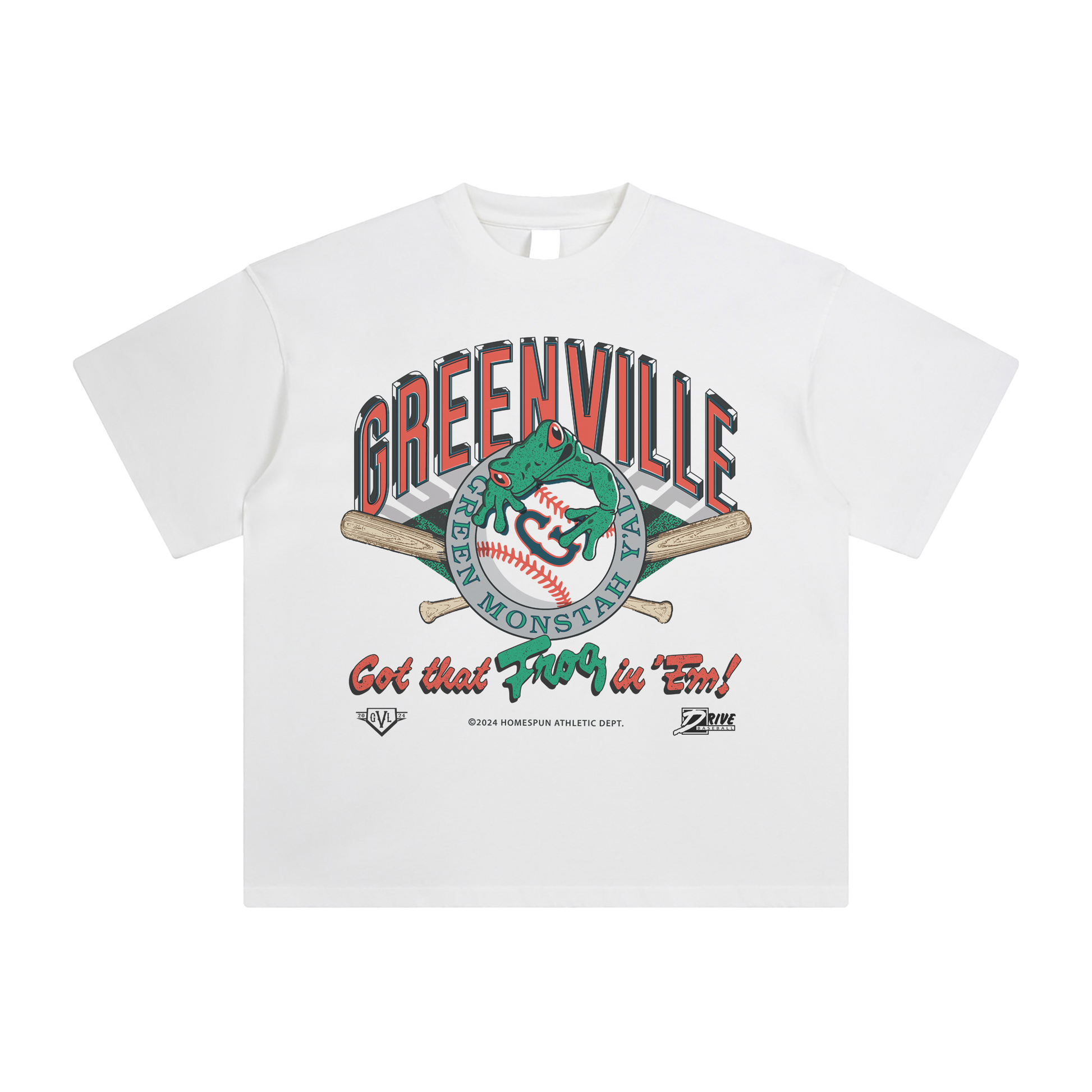 The Greenville Drive's "Got that frog in'em". Vintage inspired baseball t-shirt. Designed by Homespun. The "official" clothing brand of Greenville SC.