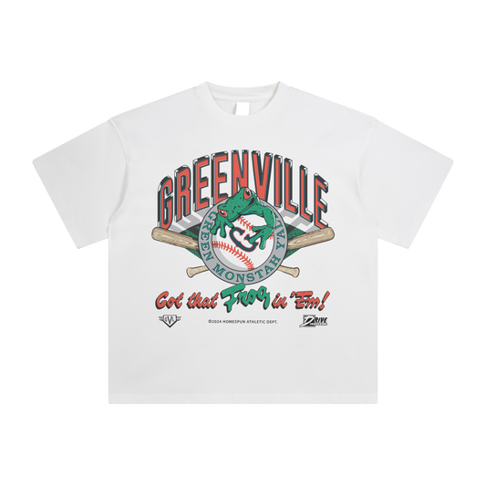 The Greenville Drive's "Got that frog in'em". Vintage inspired baseball t-shirt. Designed by Homespun. The "official" clothing brand of Greenville SC.